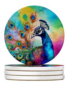 Hippie Animal Peacock Large Sandstone Coasters Pack of 4 Absorbent Round Coasters Decor Gifts for Men or Women, 4 in, Multicolor