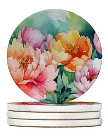Indiana Peonies in Watercolor Large Sandstone Coasters Pack of 4 Absorbent Round Coasters Decor Gifts for Men or Women, 4 in, Multicolor