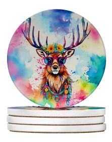 Hippie Animal Stag Deer Large Sandstone Coasters Pack of 4 Absorbent Round Coasters Decor Gifts for Men or Women, 4 in, Multicolor